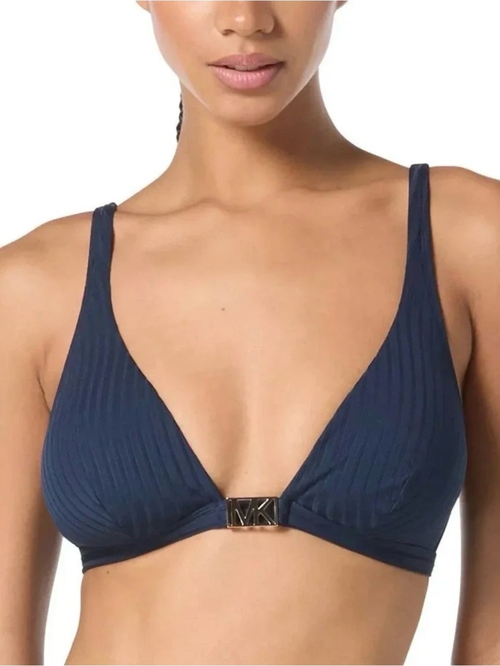 Michael Kors Women's Ribbed Hardware V-Neck Bikini Top, Midnight. R9C